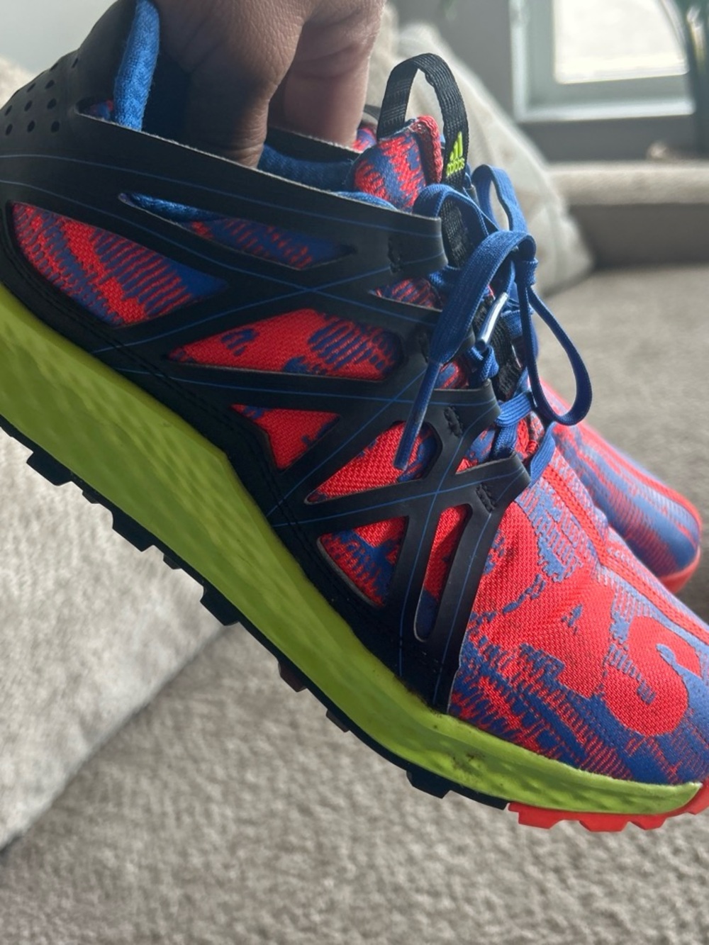 adidas Kids Red & Blue Knit Sneakers with Neon Green Sole